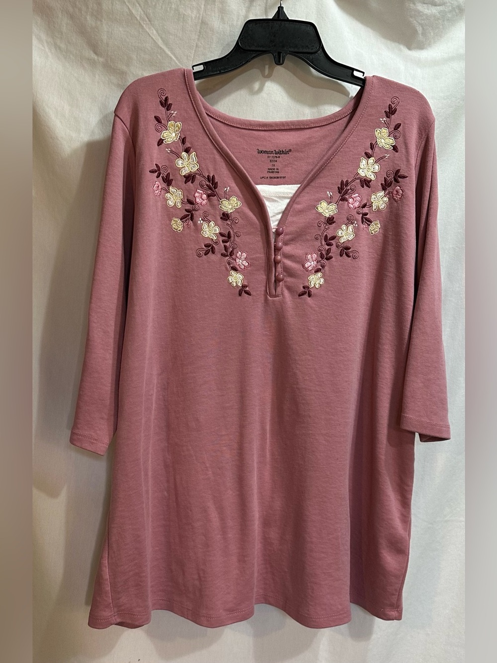 Woman Within Mauve Floral Embroidered V-Neck Tunic